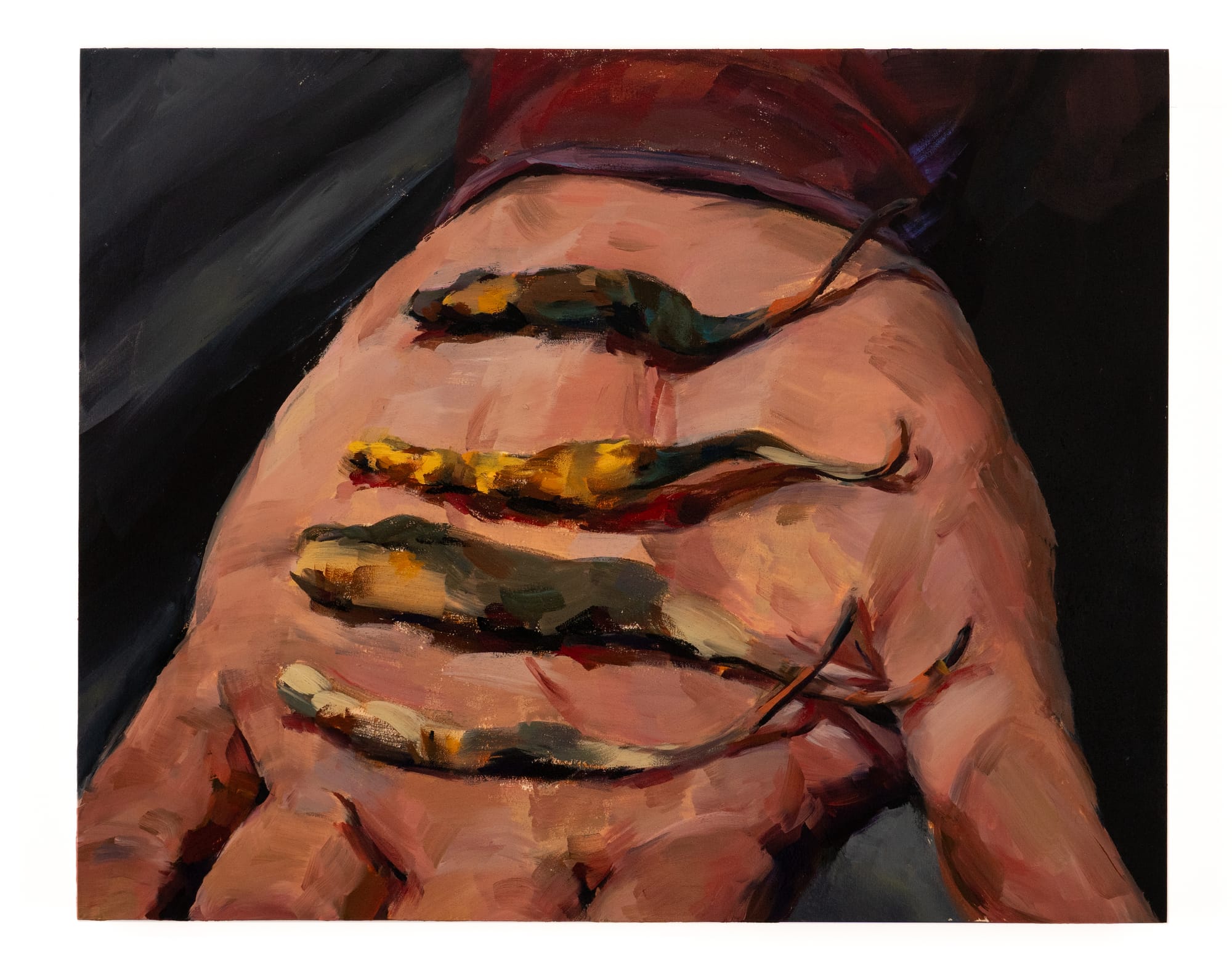 an oil painting of four caterpillar fungus lying on an open palm